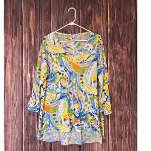 Pleats Collection Tunic Top Womens XL Paisley Blue Yellow V-Neck 3/4 Sleeve
